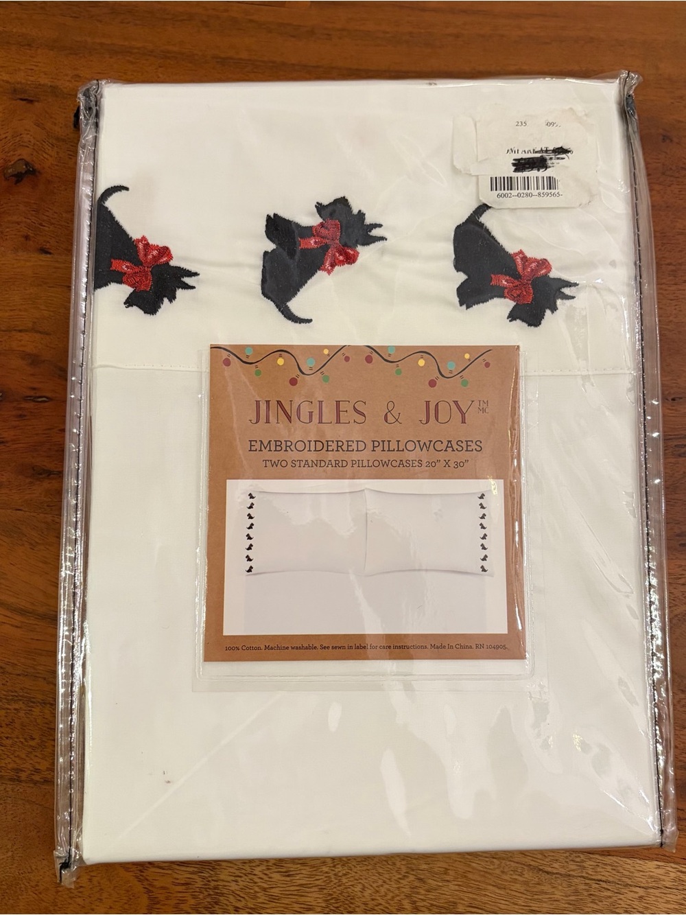 Jingles & Joy Christmas Scottie Dog Embroidered Standard Pillowcase Set 2 NEW
